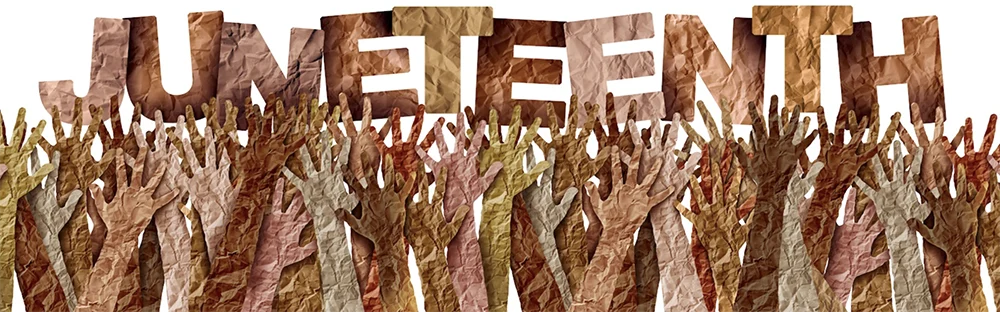 Graphic: Juneteenth block letters with hands up